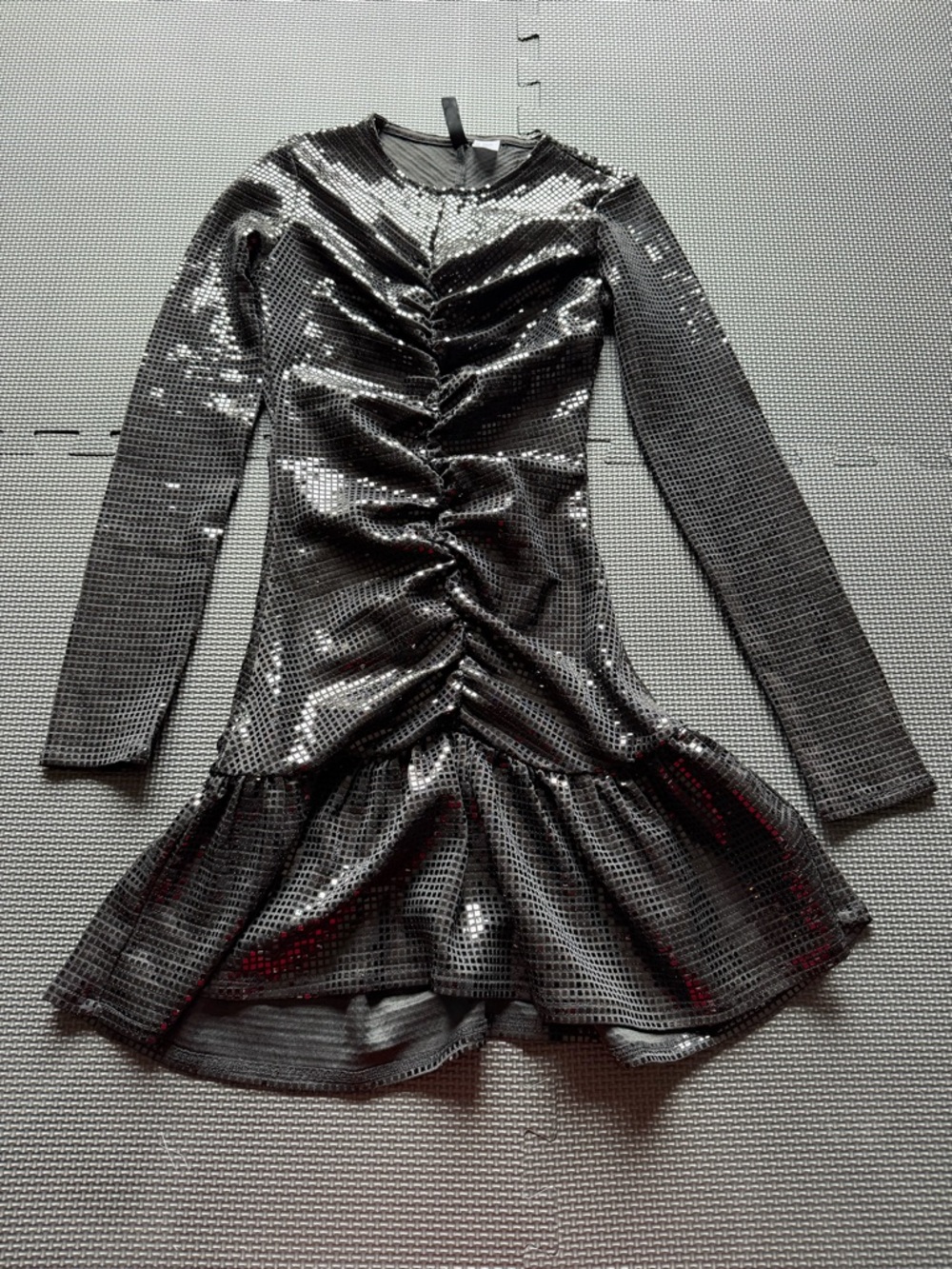 Girls Black Sequin Long-Sleeve Ruched Party Dress